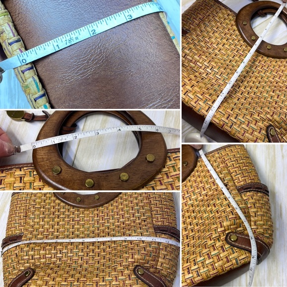 Fossil Woven Wood Handle Leather Detailed Hand Bag w/ Multi Color InnerWoven - Picture 14 of 17